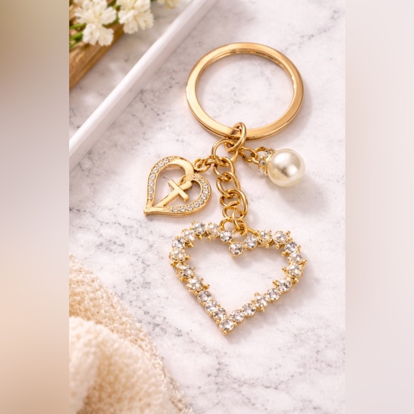 Accessories - Sparkling Cross, Heart, Faux Pearl Keychain